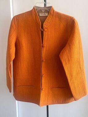Fabindia funky fun orange 🍊 quilted artsy jacket blazer Buttons Nehru Collar L